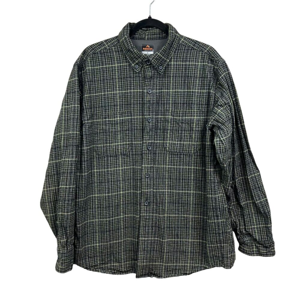 Ridgecut Mens Flannel Shirt Toughwear Button Down Pockets Plaid Green Black  L*